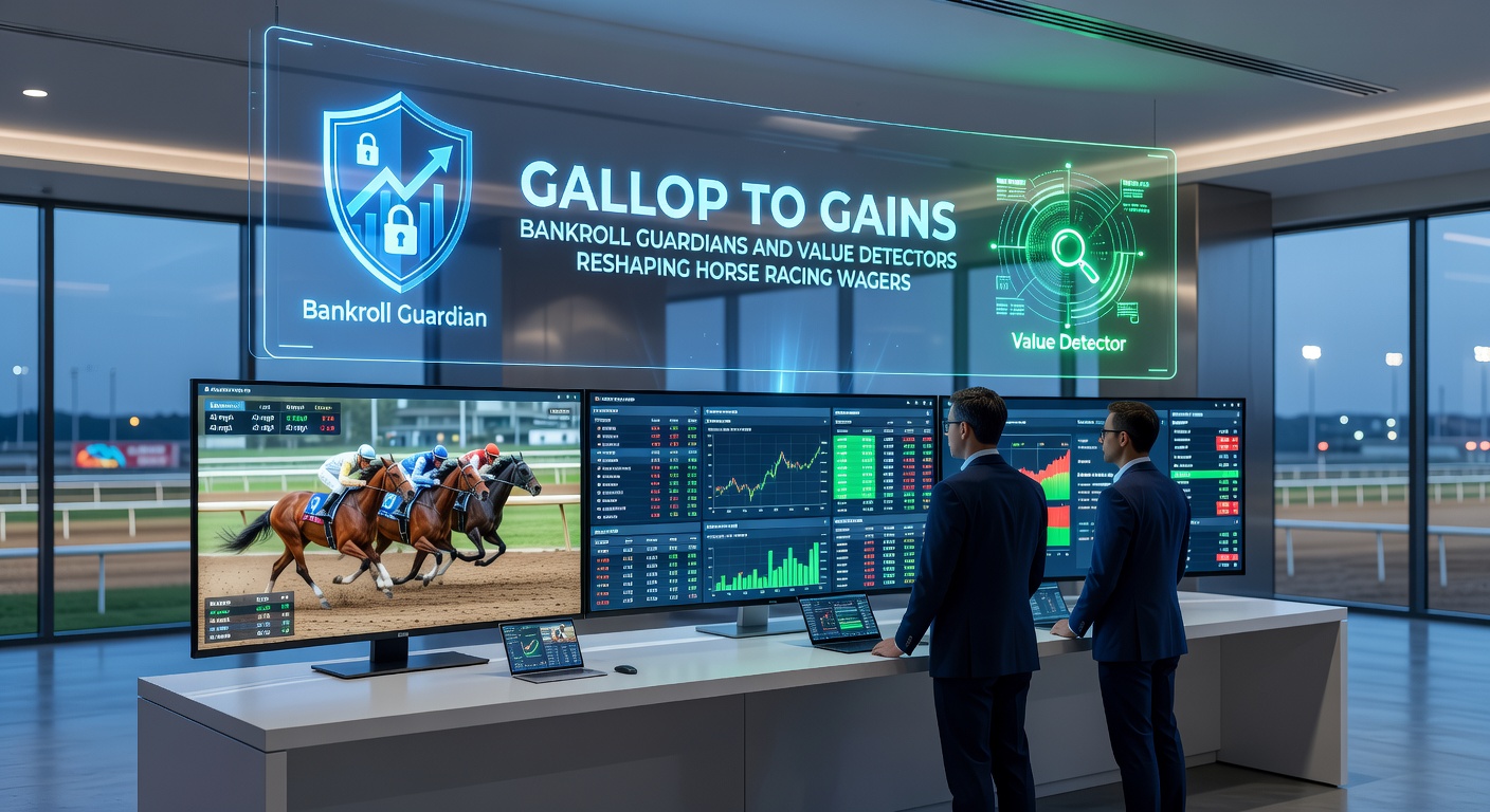 Close-up of a digital dashboard displaying horse racing odds analysis, bankroll graphs, and value bet alerts