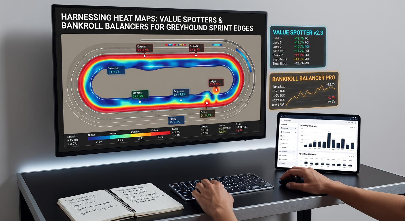 Dynamic heat map dashboard showing greyhound bankroll variance graphs alongside sprint track performance clusters