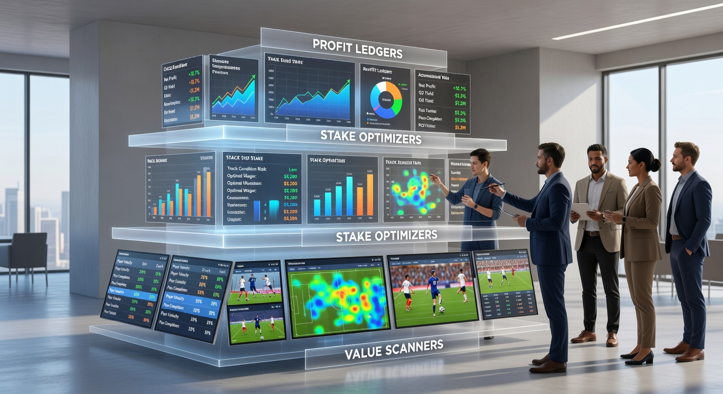 Close-up of a bettor's screen showing stake optimizer interface with Kelly calculations for a soccer match, overlaid racing stake grids, and tennis profit projections