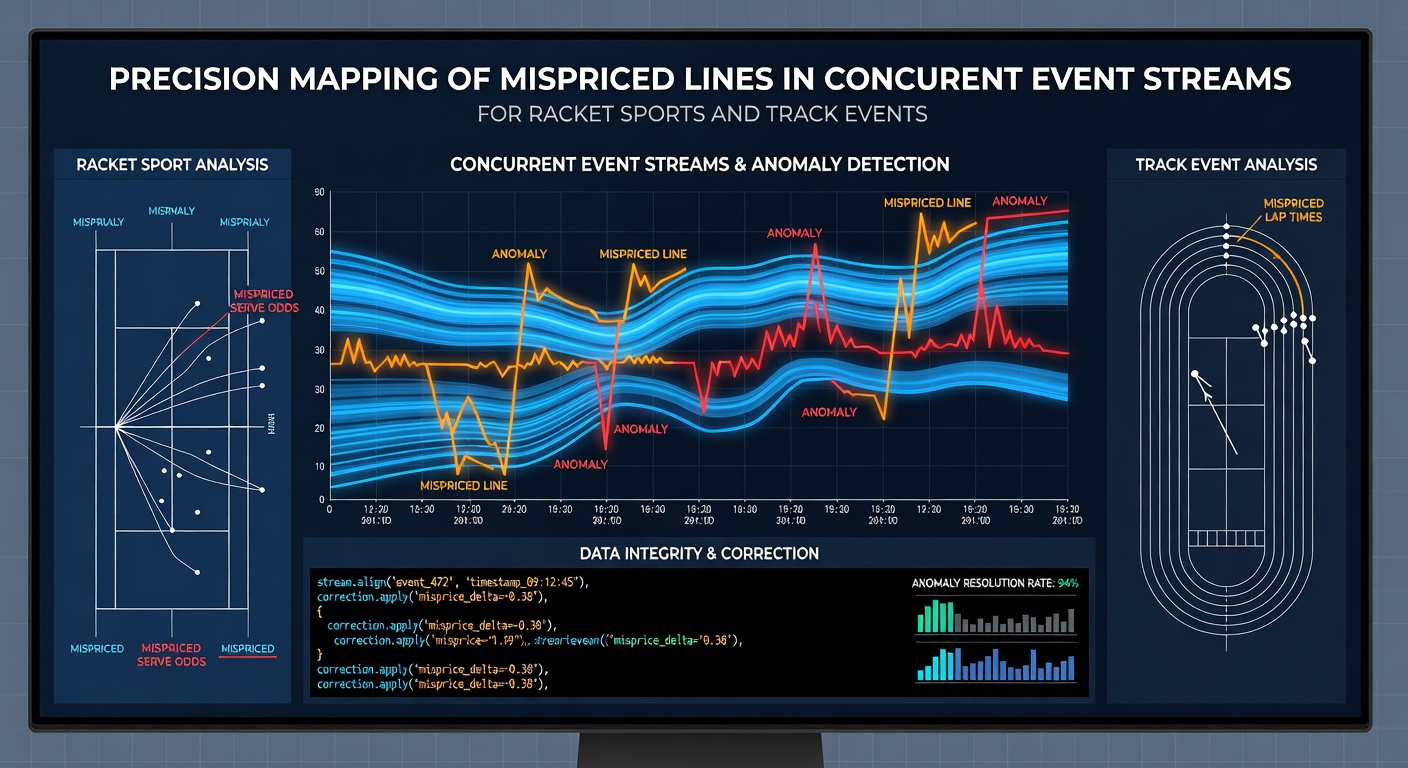 Screenshot of analytics platform displaying concurrent event streams for tennis matches and track races with mispricing indicators