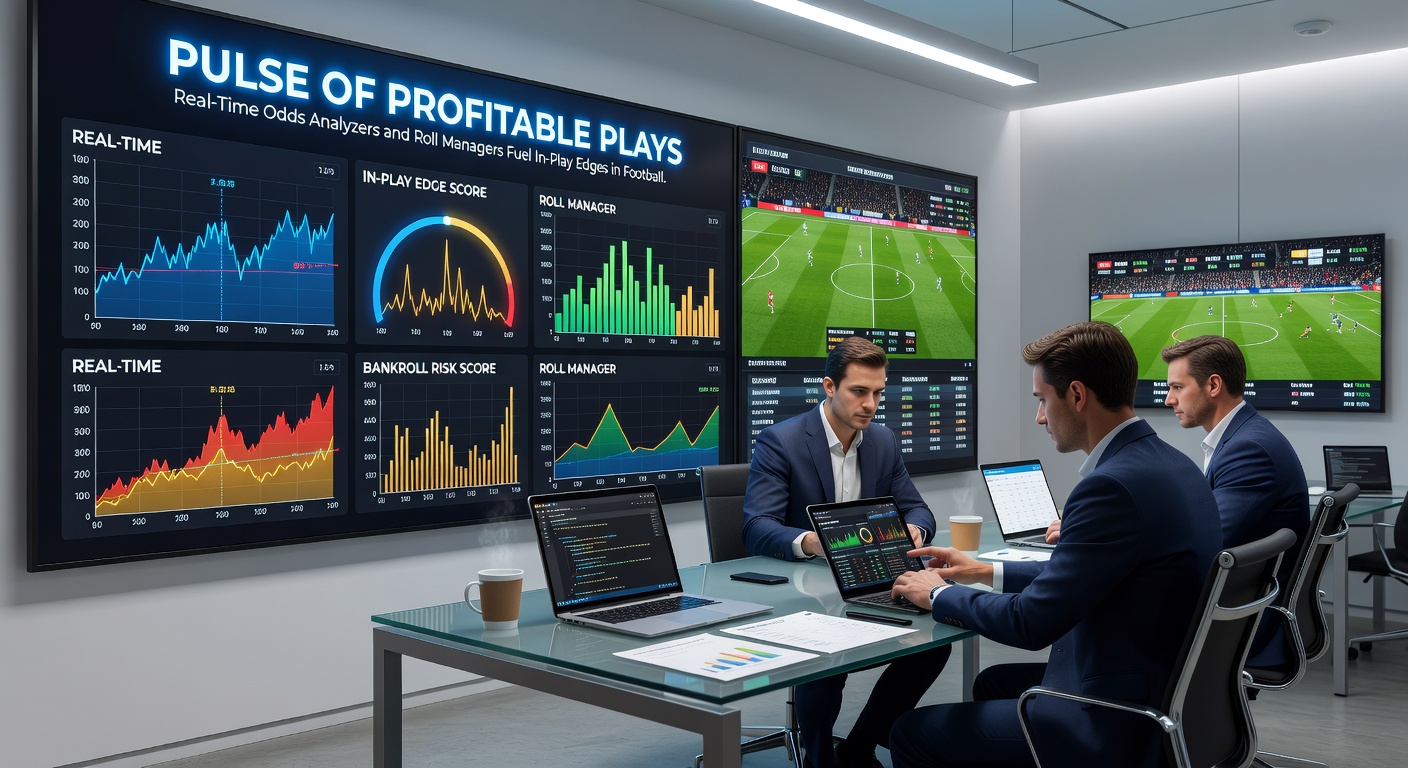 Tennis court visualization with live odds overlays on a serve point, alongside a bankroll tracker interface adjusting stakes in real-time