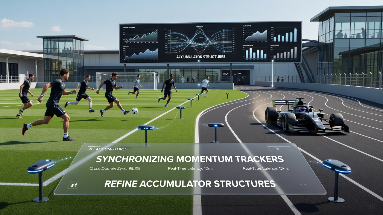 Screenshot of software interface displaying real-time synchronization between soccer field momentum data and racetrack performance trackers