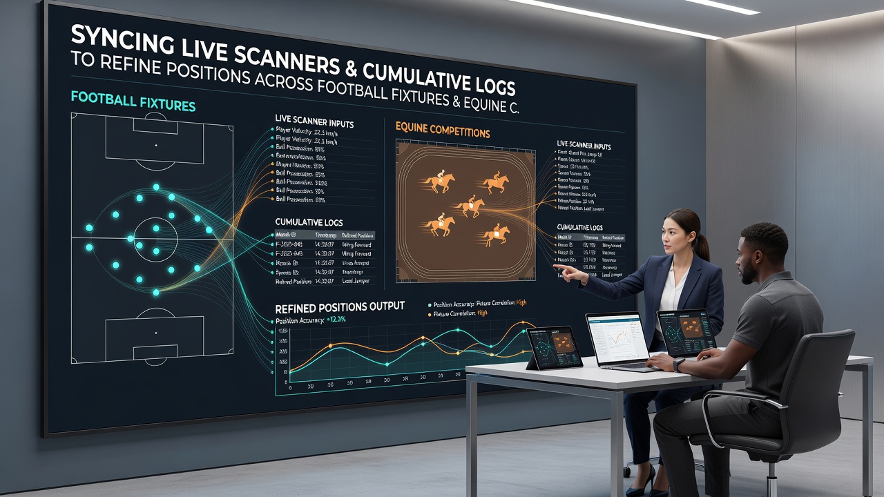 Dashboard view of synchronized scanner output and log data refining bet positions during a horse race and football match overlap