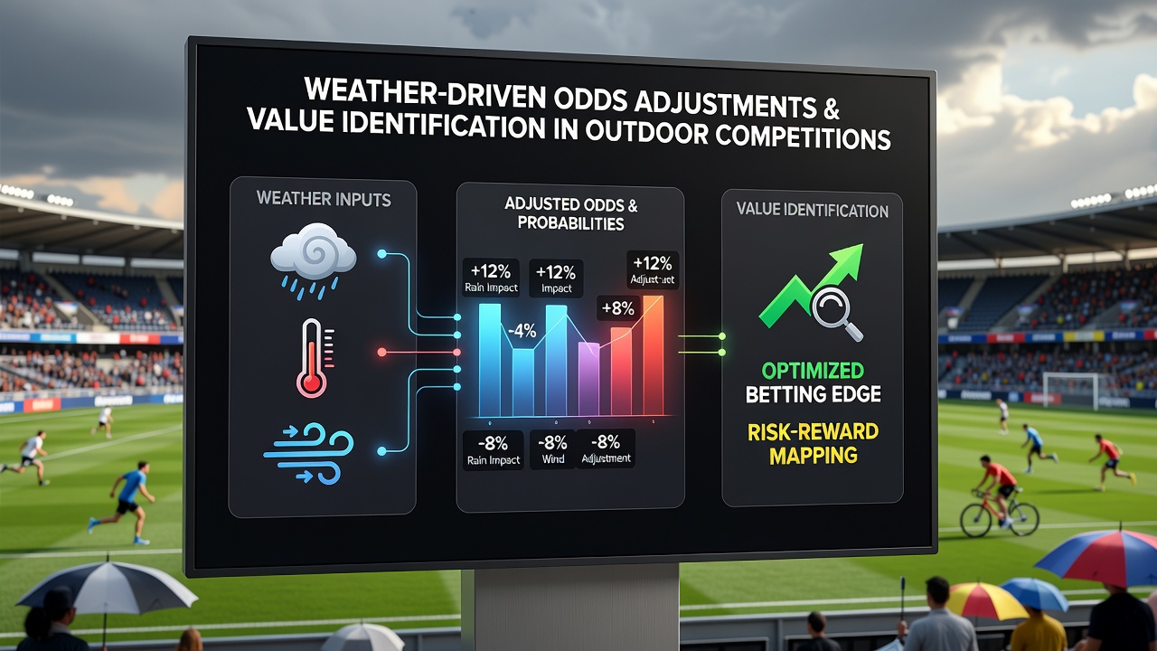 Analyst reviewing live weather radar and betting odds on dual monitors during an outdoor golf tournament